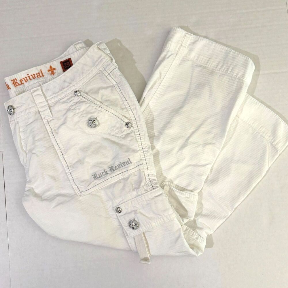 Rock Revival, VTG Y2K White Cargo Cropped Pants, 29 Utility Capri McBling